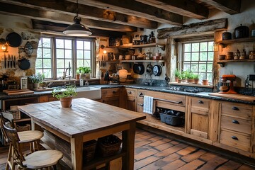 Rustic kitchen with antique furniture and decor