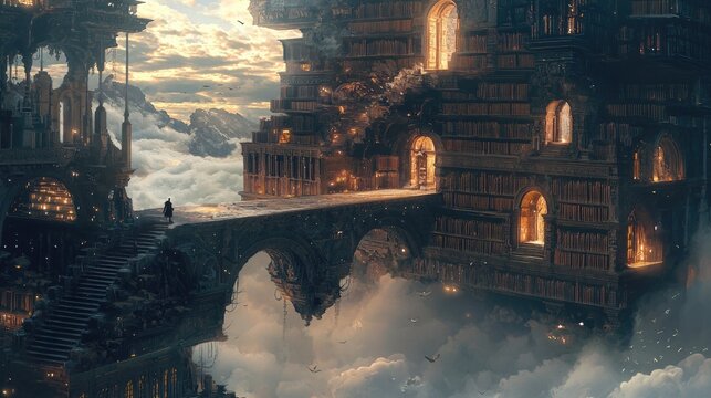 An ancient, mystical library hidden in the clouds, with books that emit a soft, golden glow and ethereal, floating staircases