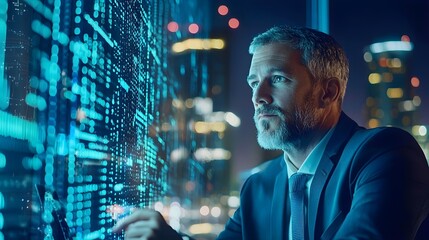 Businessman Analyzing Data at Night