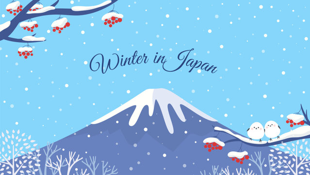 Winter in Japan background vector illustration. Beautiful Japan winter landscape with Shima enaga birds