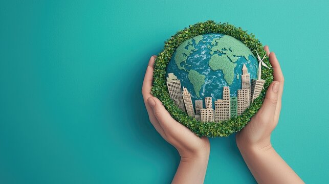An eco-friendly illustration of the Earth with a green cityscape inside, held in hands, symbolizing environmental care and sustainability. The Earth  - Powered by Adobe