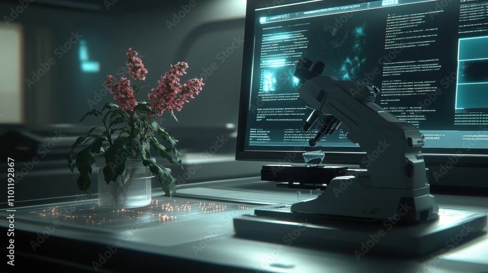 Poster high-tech laboratory with microscope and holographic display