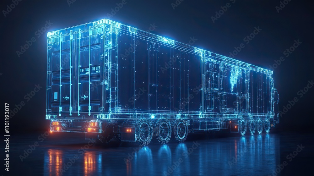 Poster cargo container with blue digital lines freight and export rendering