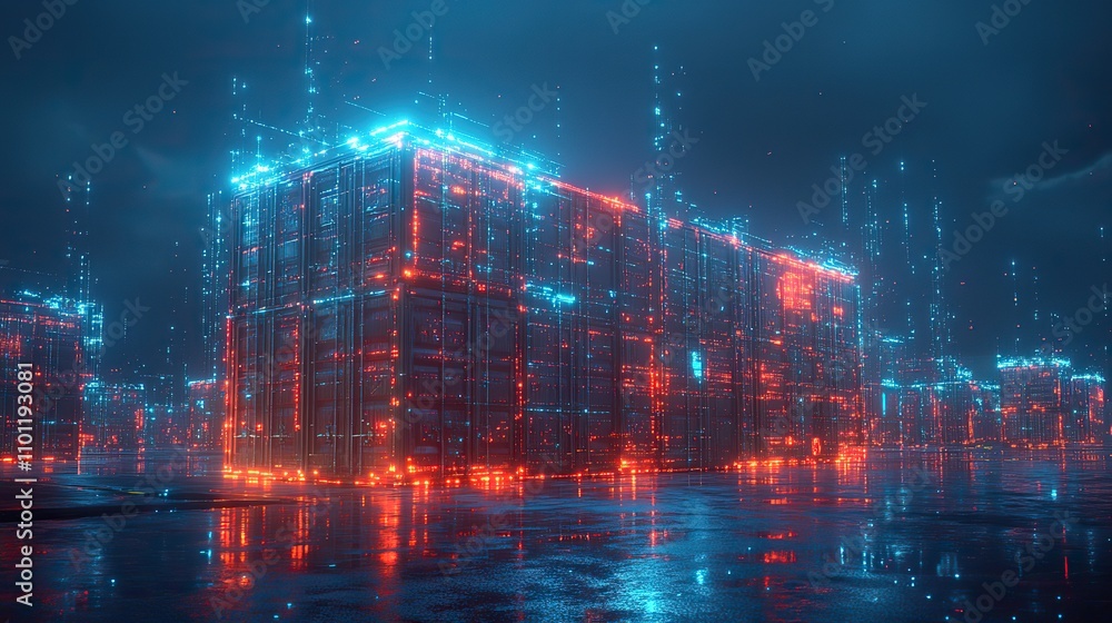 Poster cargo container with blue digital lines freight and export rendering