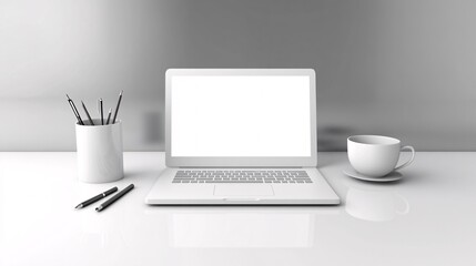 Fototapeta premium Modern Professional Workspace with Closed Laptop, Pen Stand, and Coffee Cup on Bright White Desk Surface | Clean and Fresh Office Photography