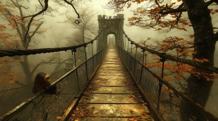 Fototapeta premium A lone figure stands on a misty suspension bridge leading to a medieval castle, surrounded by autumnal trees.