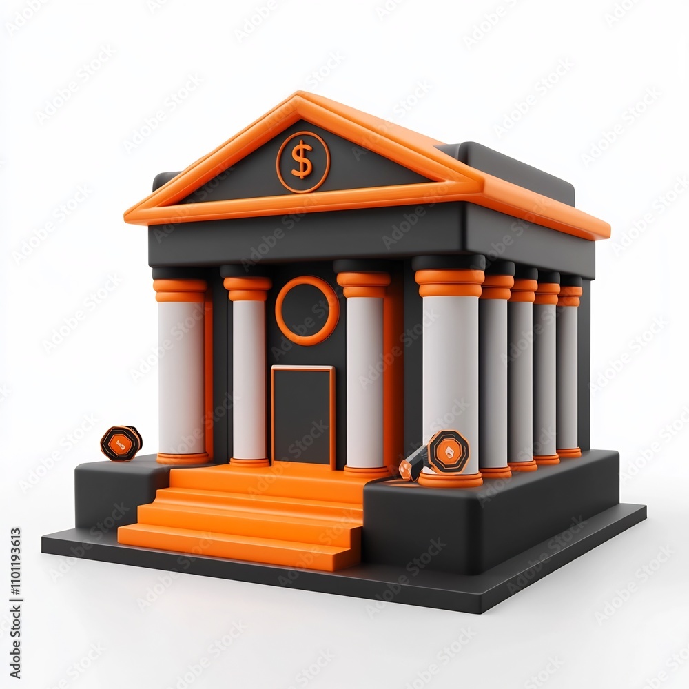 Poster stylized orange and black bank building icon with 3d rendering and matte texture on white background