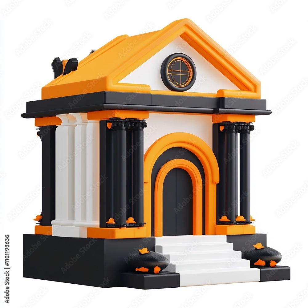 Poster minimalist orange and black bank building icon with matte 3d rendering