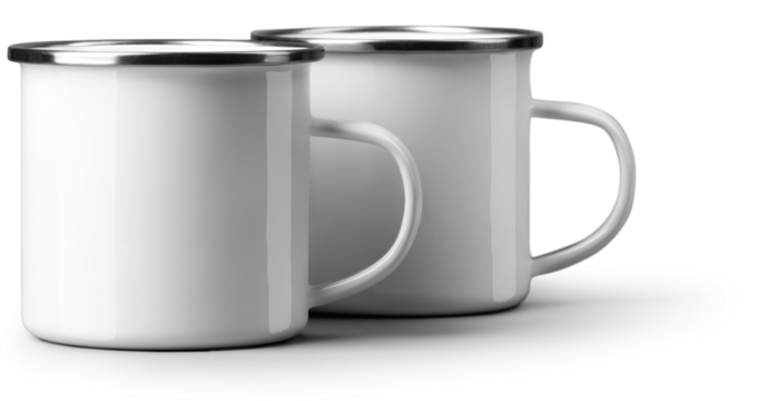 Mockup of two white enamel mug close-up, png