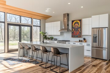Fototapeta premium Modern kitchen with bold artwork and minimalist design