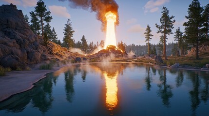 A volcanic eruption reflected in a serene lake surrounded by trees and rocky terrain.
