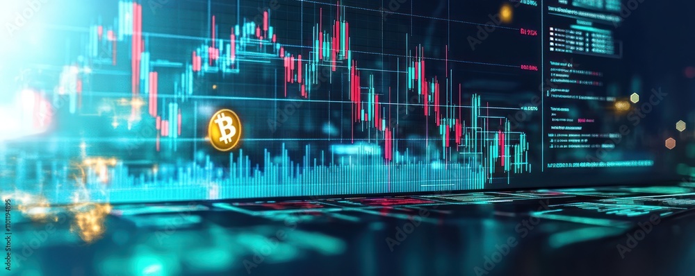 Aufkleber digital representation of cryptocurrency trends with bitcoin symbol and financial graphs.