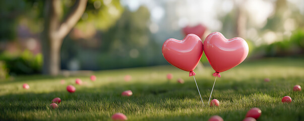 Celebratory balloons in a serene park setting nature outdoor scene emotional atmosphere peaceful viewpoint love concept