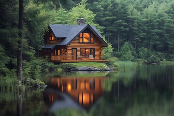 Obraz premium Secluded Cabin by a Lake