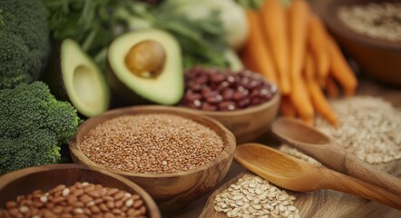 A colorful assortment of plant-based foods includes fresh broccoli, carrots, avocado, beans, and a variety of seeds arranged on a wooden table, emphasizing healthy eating