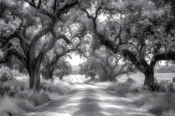 Deserted Country Road Lined with Trees