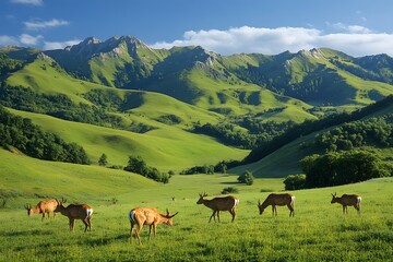 Fototapeta premium Peaceful Meadow with Grazing Deer