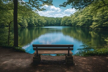 Obraz premium Empty Park Bench Overlooking a Lake