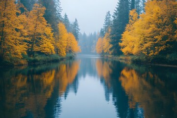 Obraz premium Calm River Reflecting Autumn Trees