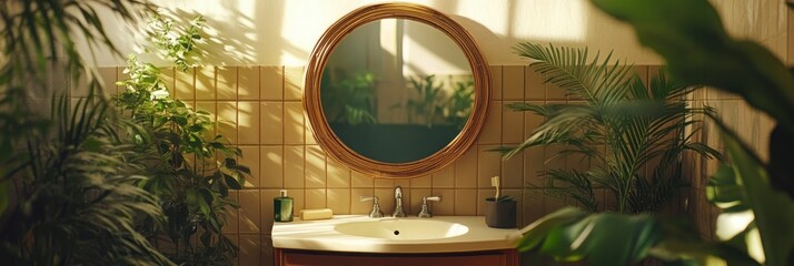 Sunlit bathroom with plants and round mirror.