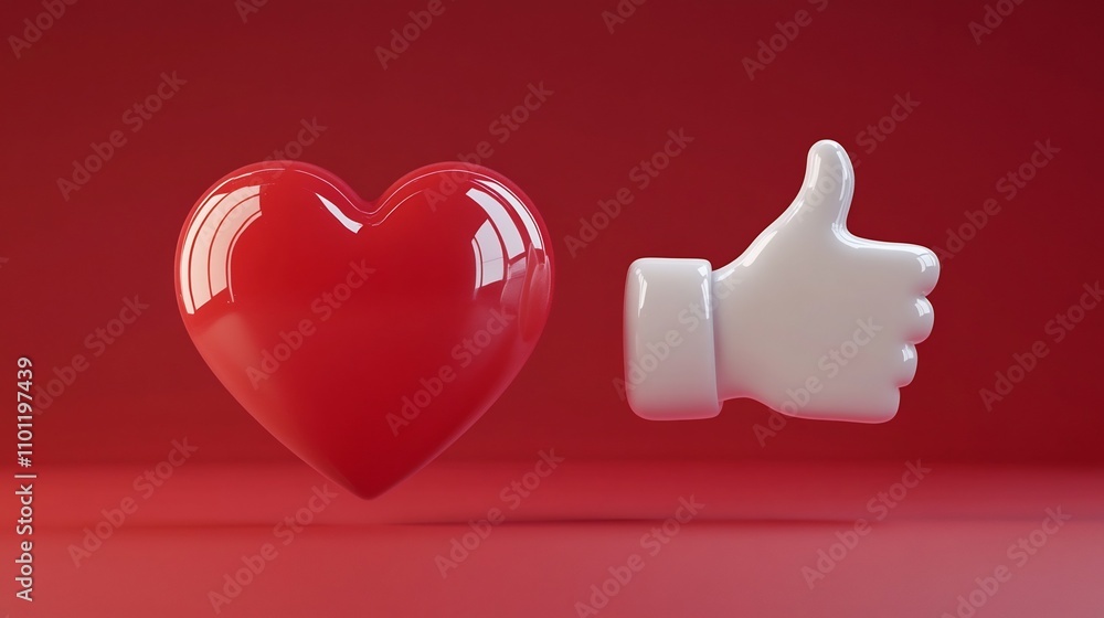 Poster glossy 3d rendered heart and thumbs up icon floating on contrasting red background