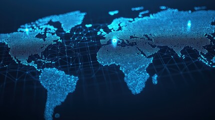 A digital representation of a world map in glowing blue lines, highlighting global connectivity and data visualization trends.
