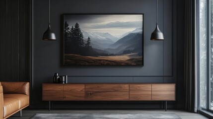 Fototapeta premium Modern Living Room with Mountain Landscape Artwork