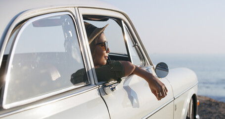 Thinking, road trip and woman in car, tourism and journey for summer holiday, scenery and...
