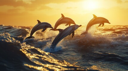 Fototapeta premium A group of dolphins leaping gracefully out of the ocean waves