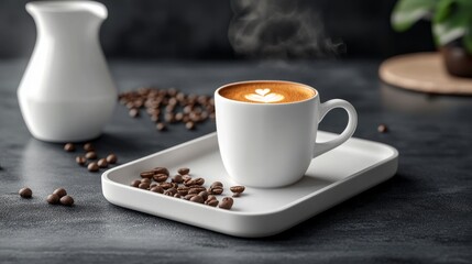 A steaming cup of coffee sits on a tray with coffee beans, creating a cozy atmosphere.