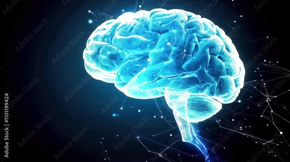 Poster exploring glowing blue brain fusion of digital technology, intelligence, and innovation in abstract 