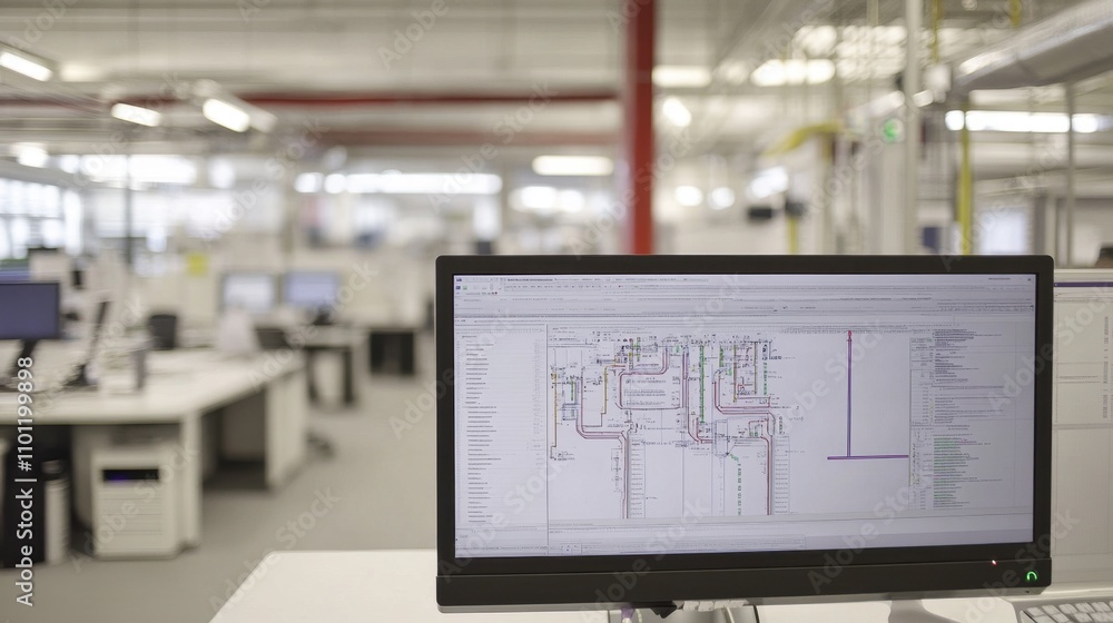 Poster Engineering Diagram on Computer Monitor in Modern Factory