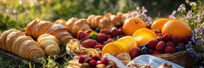 Delicious pastries and fresh fruit displayed outdoors in sunlight.