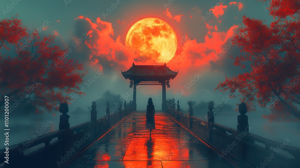 Poster chinese style bridge with full moon background rendering