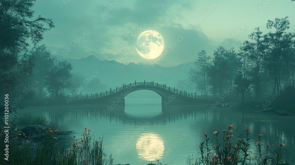 Poster chinese style bridge with full moon background rendering