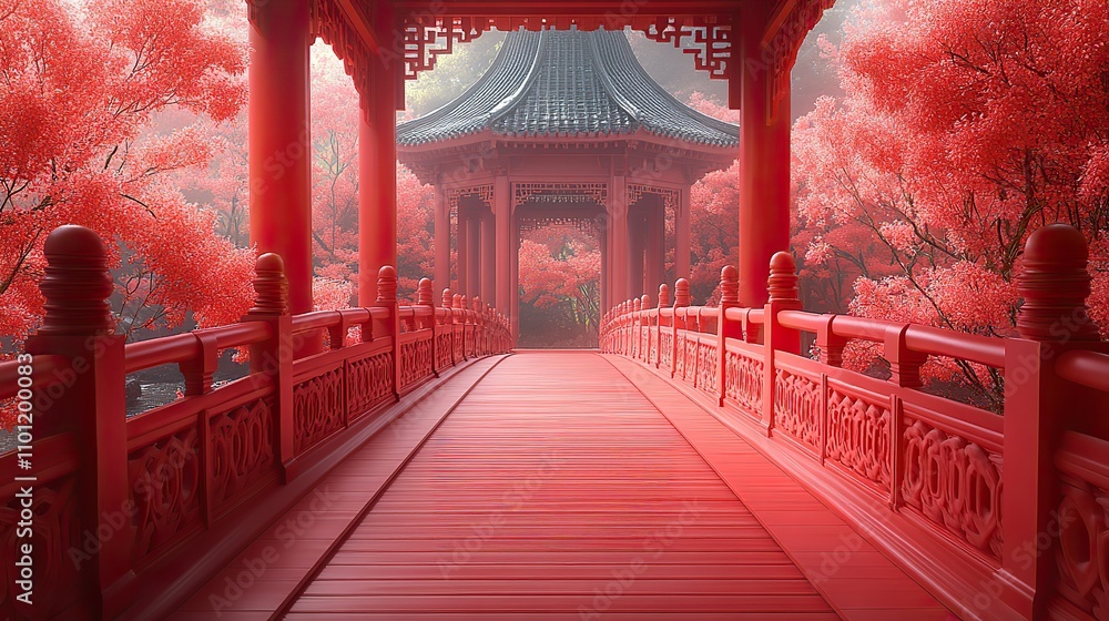 Poster chinese style bridge with red indoor background rendering