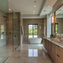 contemporary open-plan living space with an expansive layout and high ceilings. The large windows allow ample natural light to flood the room, creating a bright and inviting atmosphere