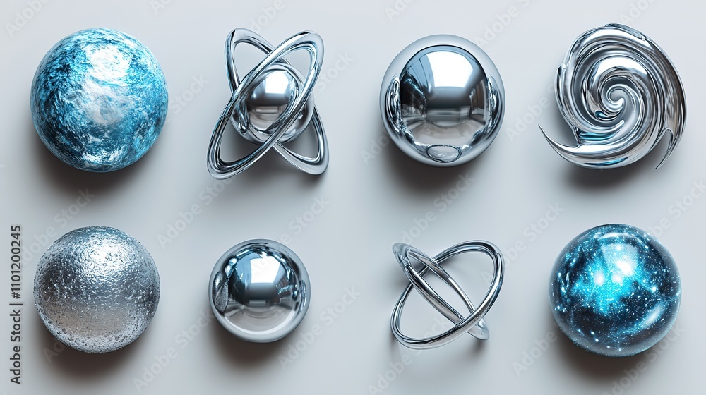 Aufkleber chrome elements in three dimensions abstract space icons in silver for y2k galaxy and cosmic technol