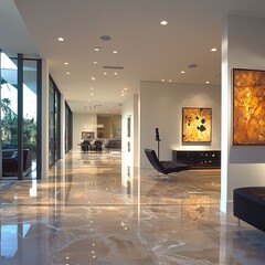 contemporary open-plan living space with an expansive layout and high ceilings. The large windows allow ample natural light to flood the room, creating a bright and inviting atmosphere