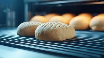 Freshly baked loaves of bread resting on a cooling rack inside an oven, showcasing a warm, golden-brown appearance.