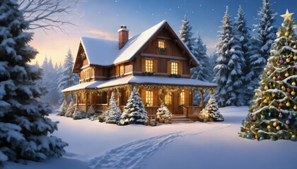 Christmas background with a decorated house, gifts,  Christmas tree and string lights. New year and xmas ideas.