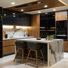 contemporary open-plan living space with an expansive layout and high ceilings. The large windows allow ample natural light to flood the room, creating a bright and inviting atmosphere