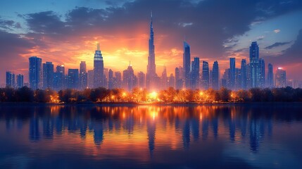 Fototapeta premium city dubai skyline uae urban cityscape united arab emirates skyscraper buildings silhouett