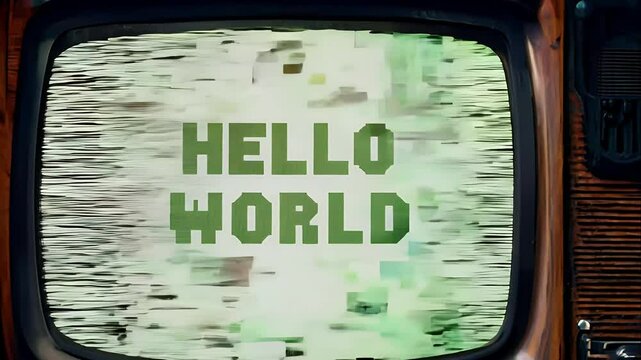 Pixelated 'Hello World' animation flashing with interference and static, set on a nostalgic old TV background