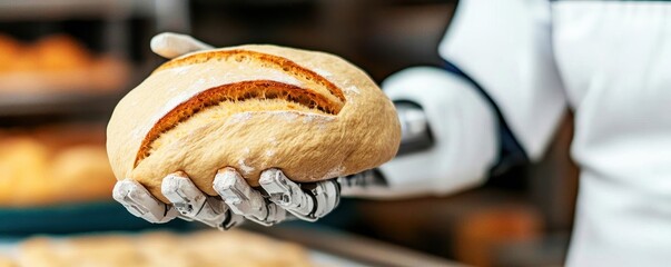 A robotic hand holds a freshly baked loaf of bread, showcasing the intersection of technology and baking in a modern kitchen setting.