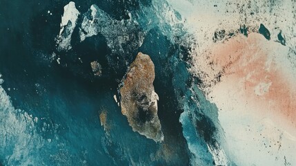 Abstract art painting with teal, beige, and brown hues.