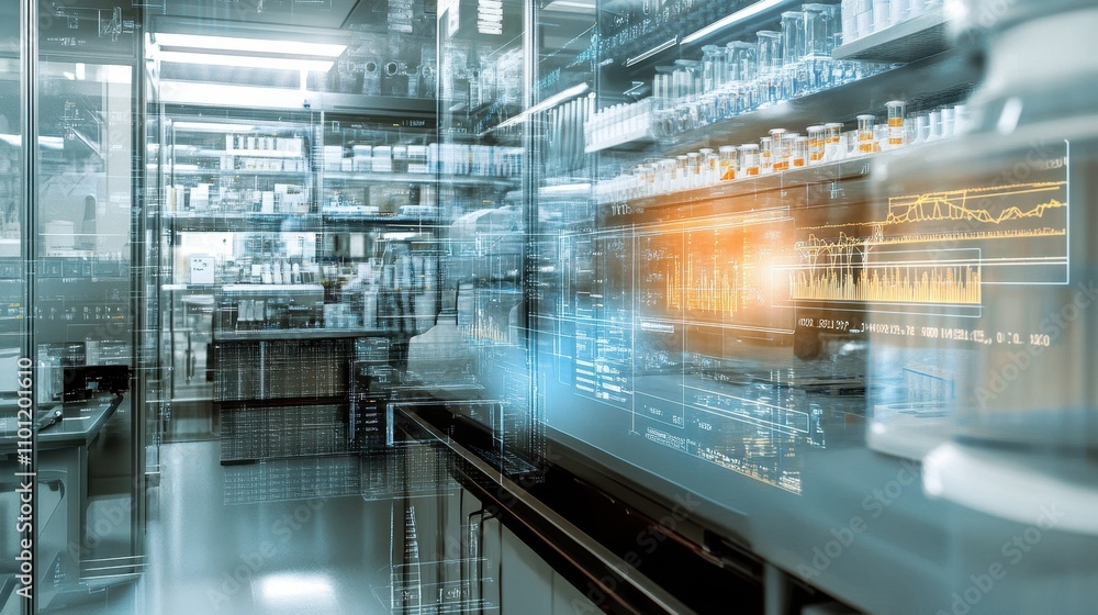 Poster futuristic laboratory with advanced technology and data visualization