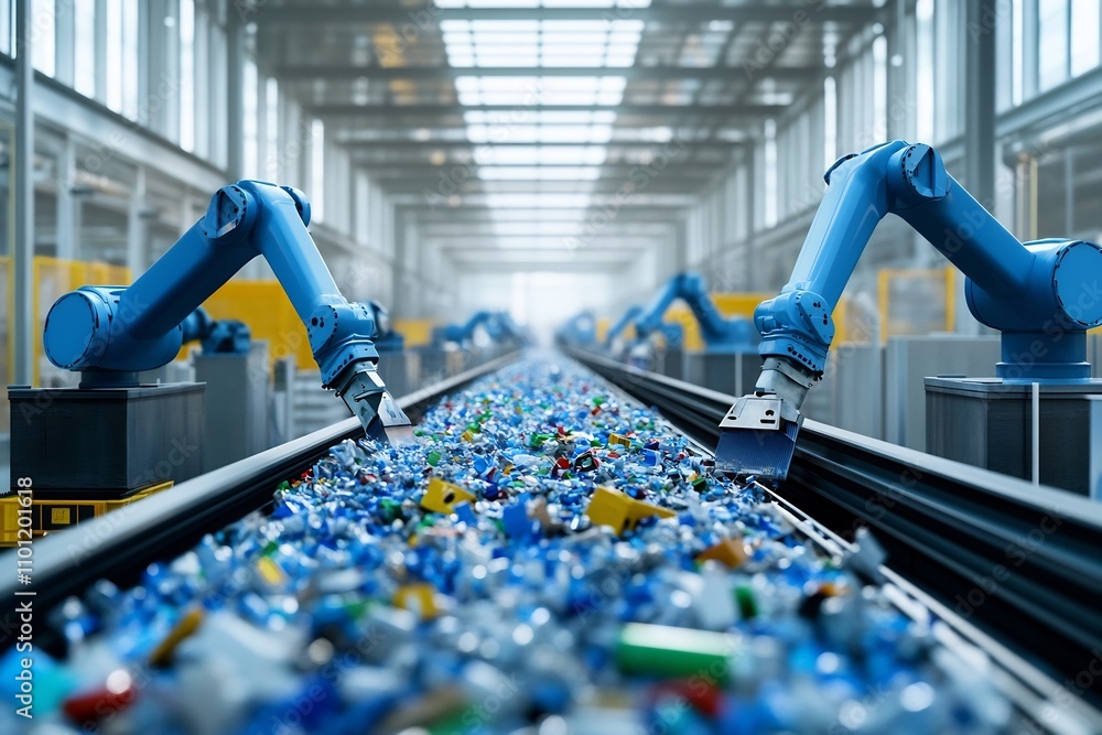 Poster high tech automated recycling facility with robotic sorting machinery