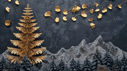 3D abstract art background with golden and teal leaves on dark blue, wallpaper design for wall decoration in the style of interior mural poster print modern painting