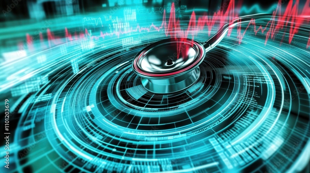 Poster futuristic digital stethoscope in abstract data visualization